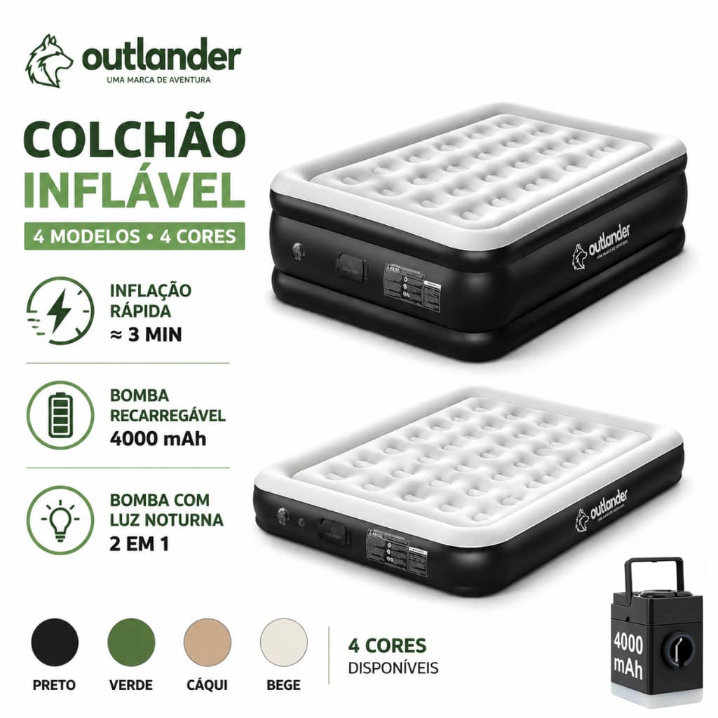 Colchão Inflável Casal Solteiro Portátil para Camping com Bomba de Ar Elétrica 4000mAh Luz Noturna