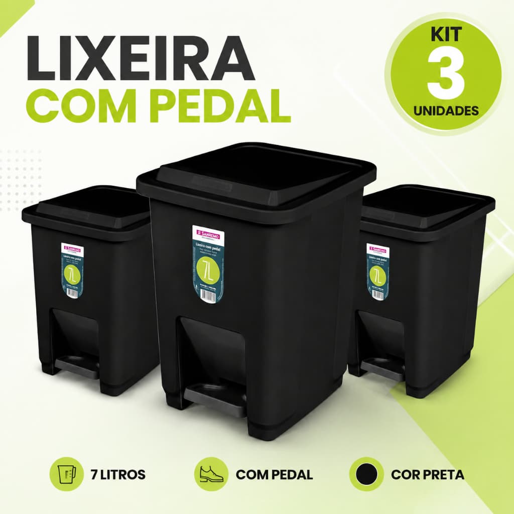Kit 3 Lixeiras Pretas 7 Litros em Plástico Resistente com Pedal e Tampa para Cozinha Banheiro Escritório e Quarto