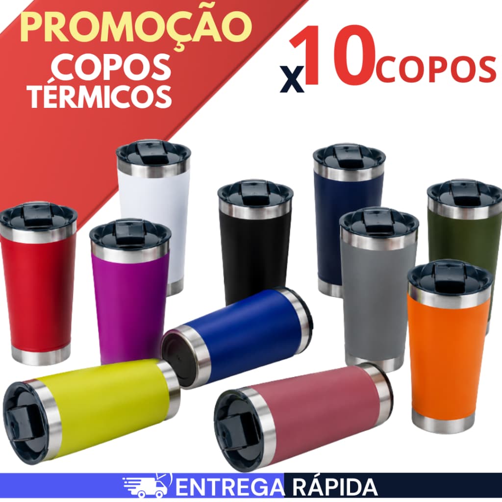 Kit 10 Copos Térmicos 473ml Com Tampa e Abridor de Garrafa Copo Térmico Inox Atacado Cores Sortidas