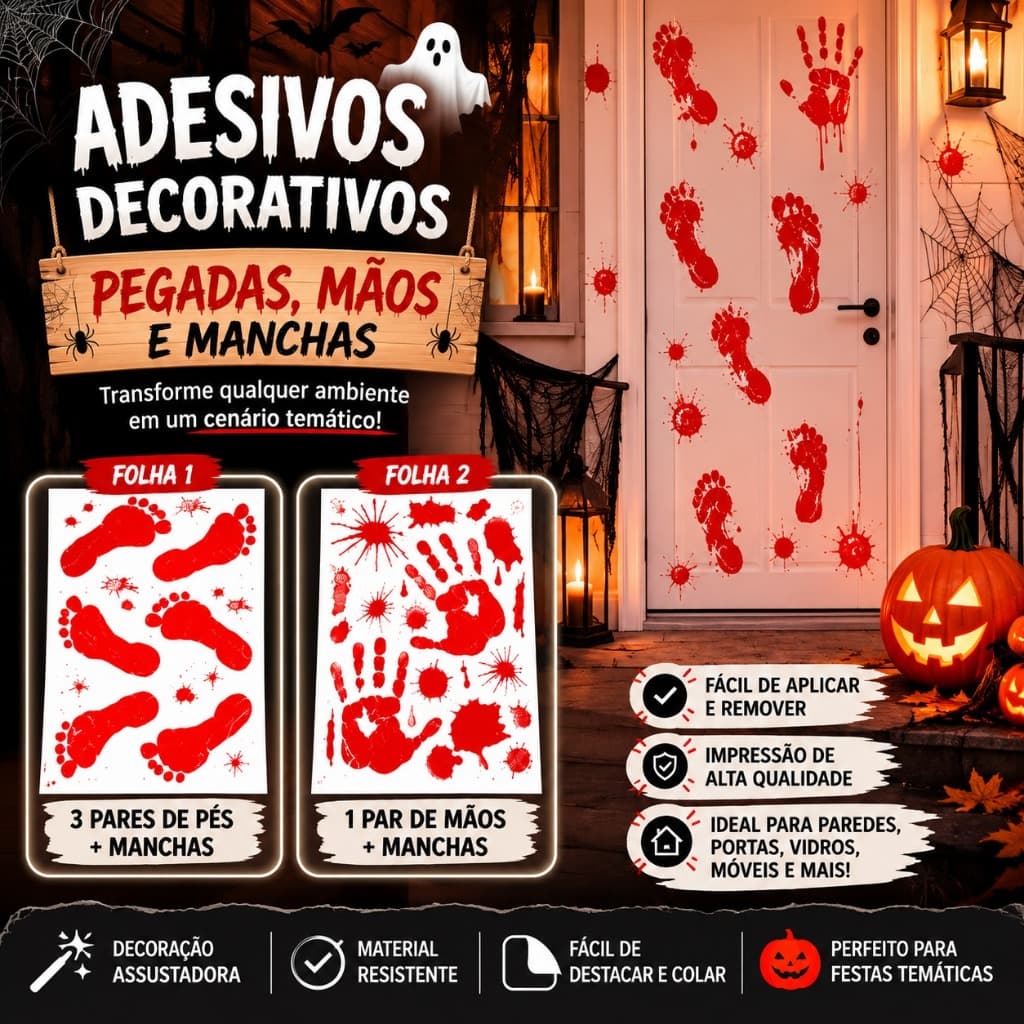 Adesivo Decorativo Halloween Pegadas de Pé e Mão para Parede e Chão Decoração Festa Temática