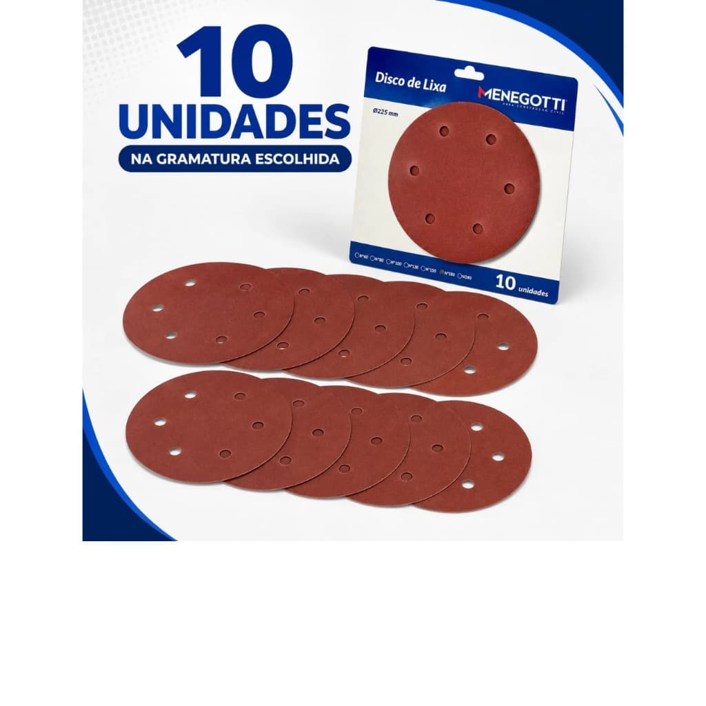 Discos de Lixas 225mm kit 10 Para Lixadeira de Parede e Teto Girafa MLP 750/MLP710H LED Menegotti - Fixação em Velcro