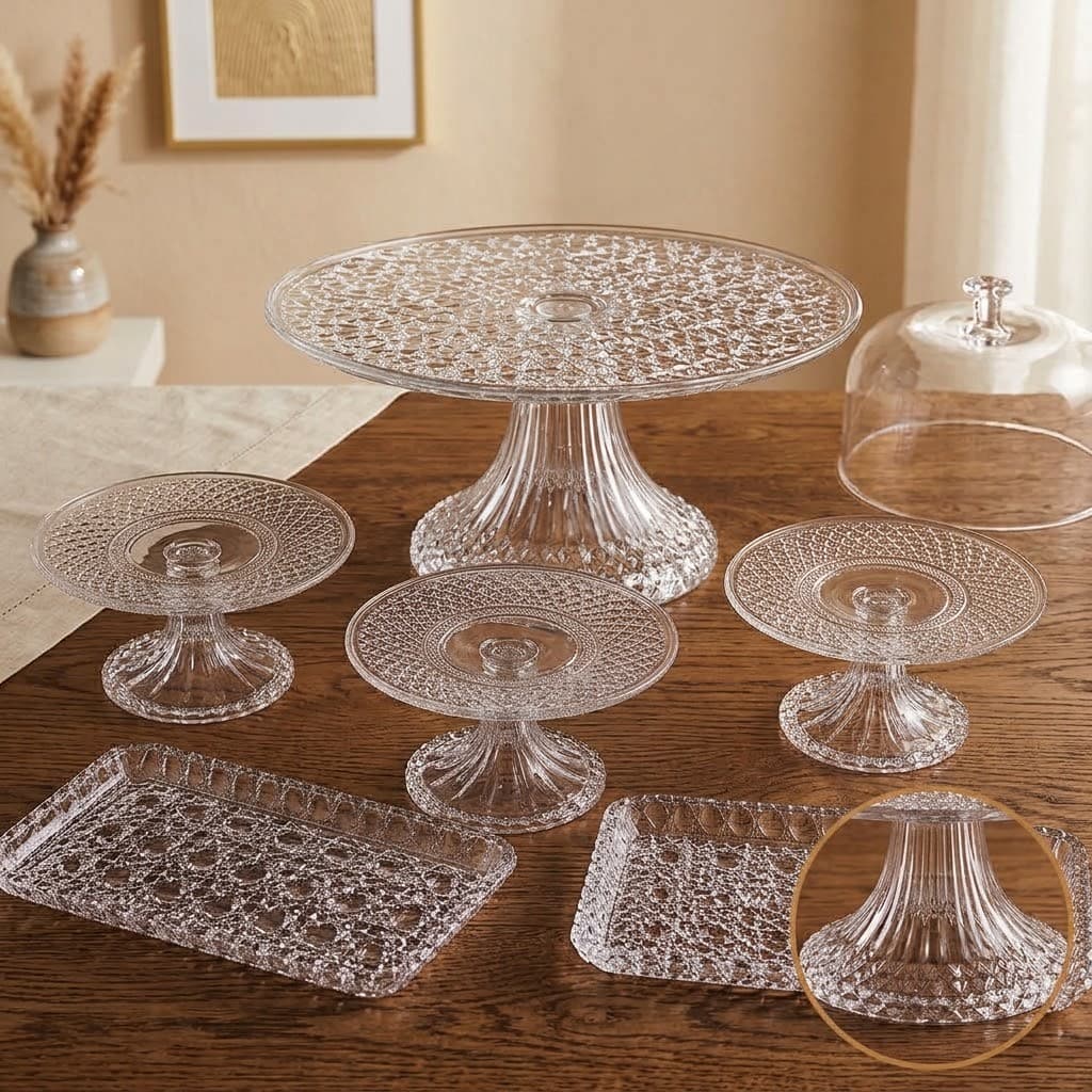 Kit Mesa de Doces Lapidado Acrílico Boleira Mini Cake Bandejas para Festa Transparente ou Rosé