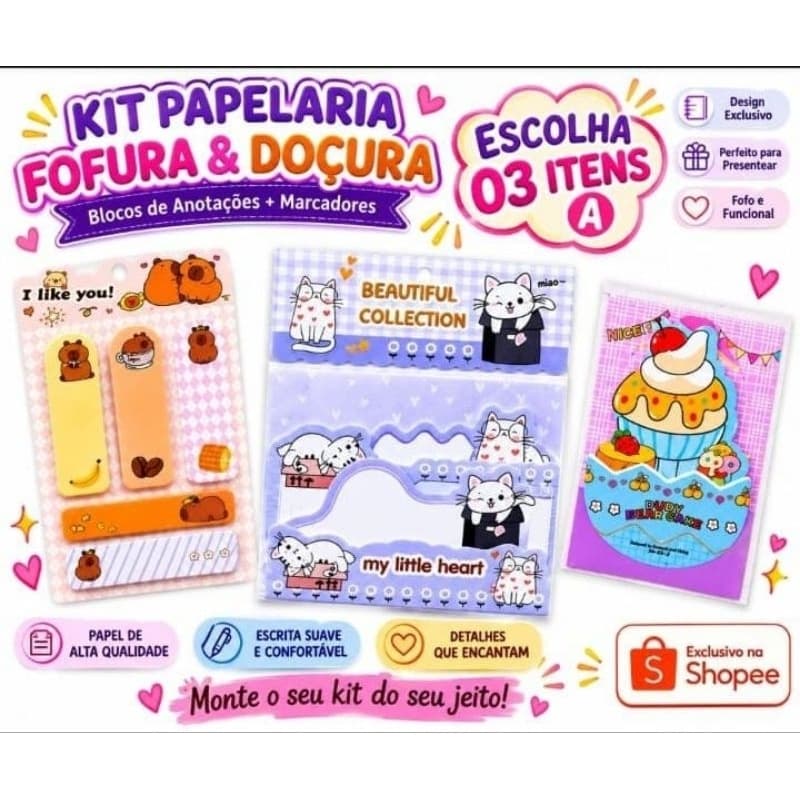 Kit Post-it Adesivo Decorativo Kawaii Fofo | Bloco de Notas Autocolante  | Marcador de Página.