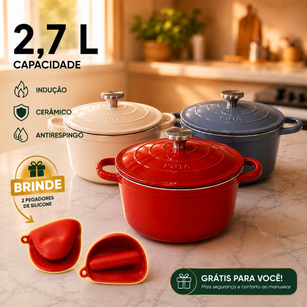 Panela Caçarola 20cm e Pegadores de Silicone Revestimento Cerâmico Antiaderente para Indução Tampa Antirespingo