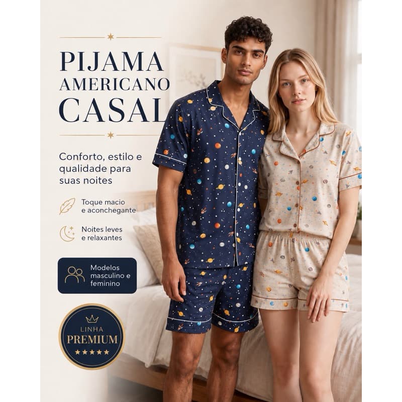 PIJAMA AMERICANO CASAL KASAL VERÃO SHORT BOTÕES PLANETA SUEDE PREMIUM