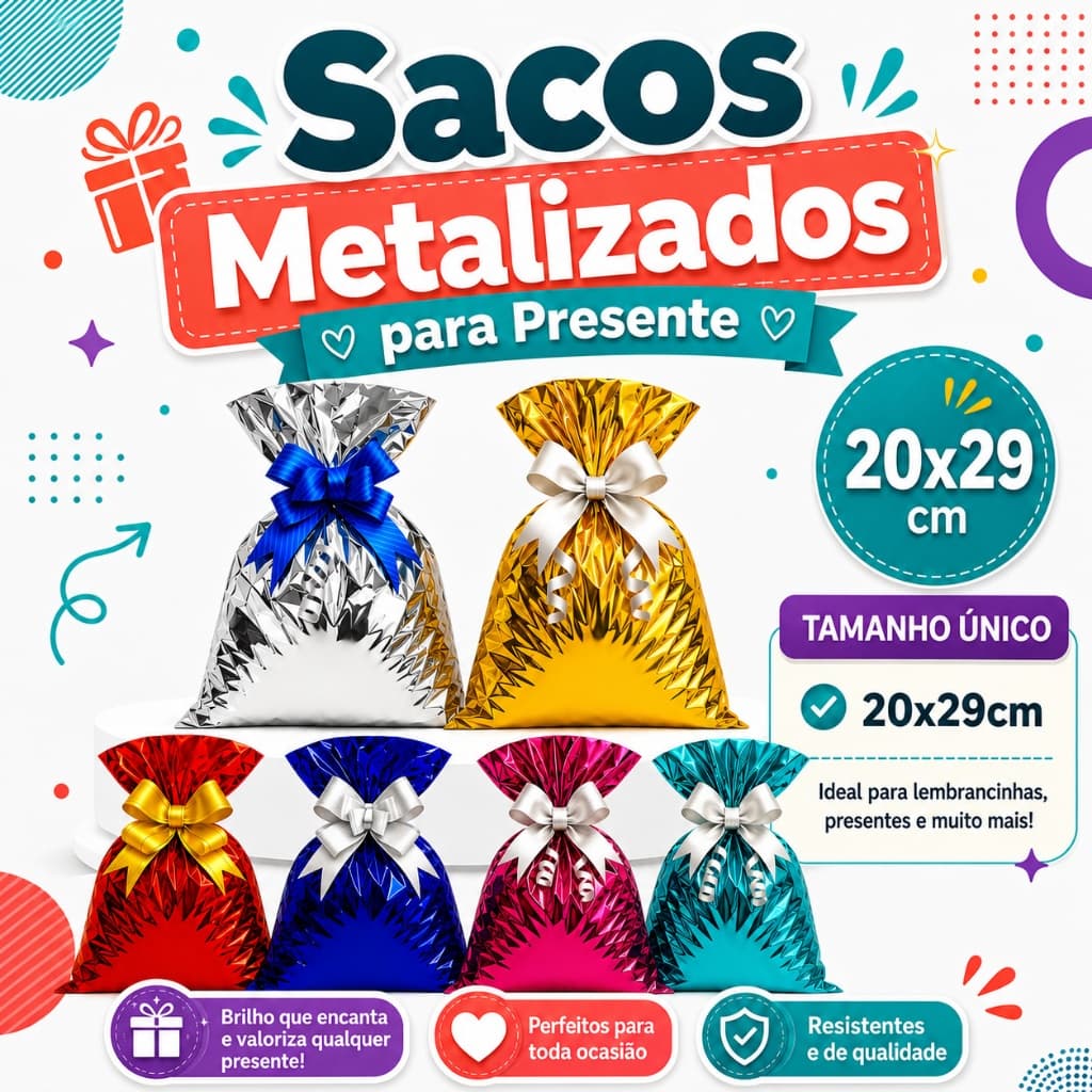 Kit 50un Sacos Metalizados Presente | 20x29cm | Embalagem Lembrancinha Pequeno Luxo Premium Cores Saco Brilhante