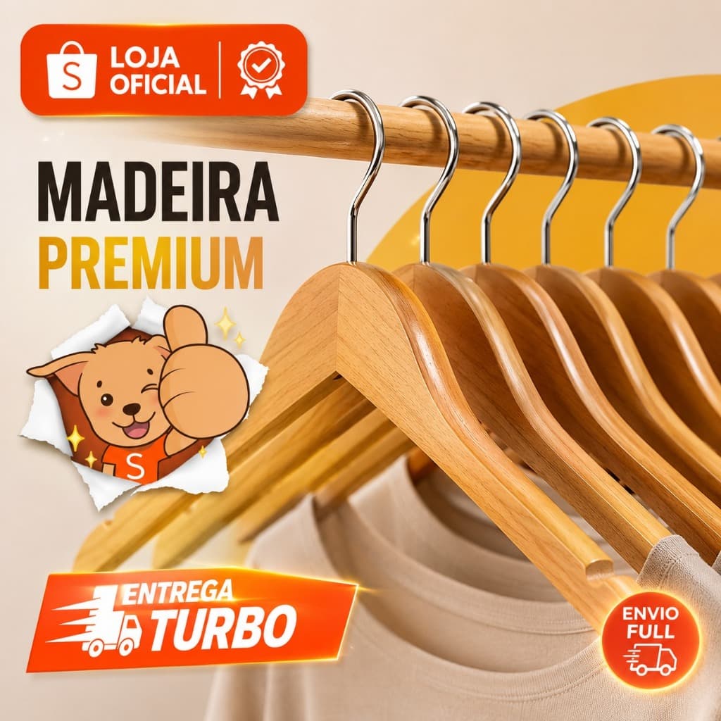 Kit Cabides de Madeira Premium 10 Unidades Gancho Giratório 360° Design Elegante e Resistente para Roupas