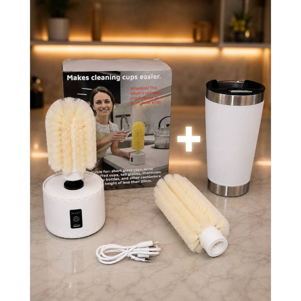 Kit Copo Térmico Com Tampa Inox Mantém Gelado + Escova Elétrica Rotativa 360 Lavadora De Copos Garrafas Mamadeiras