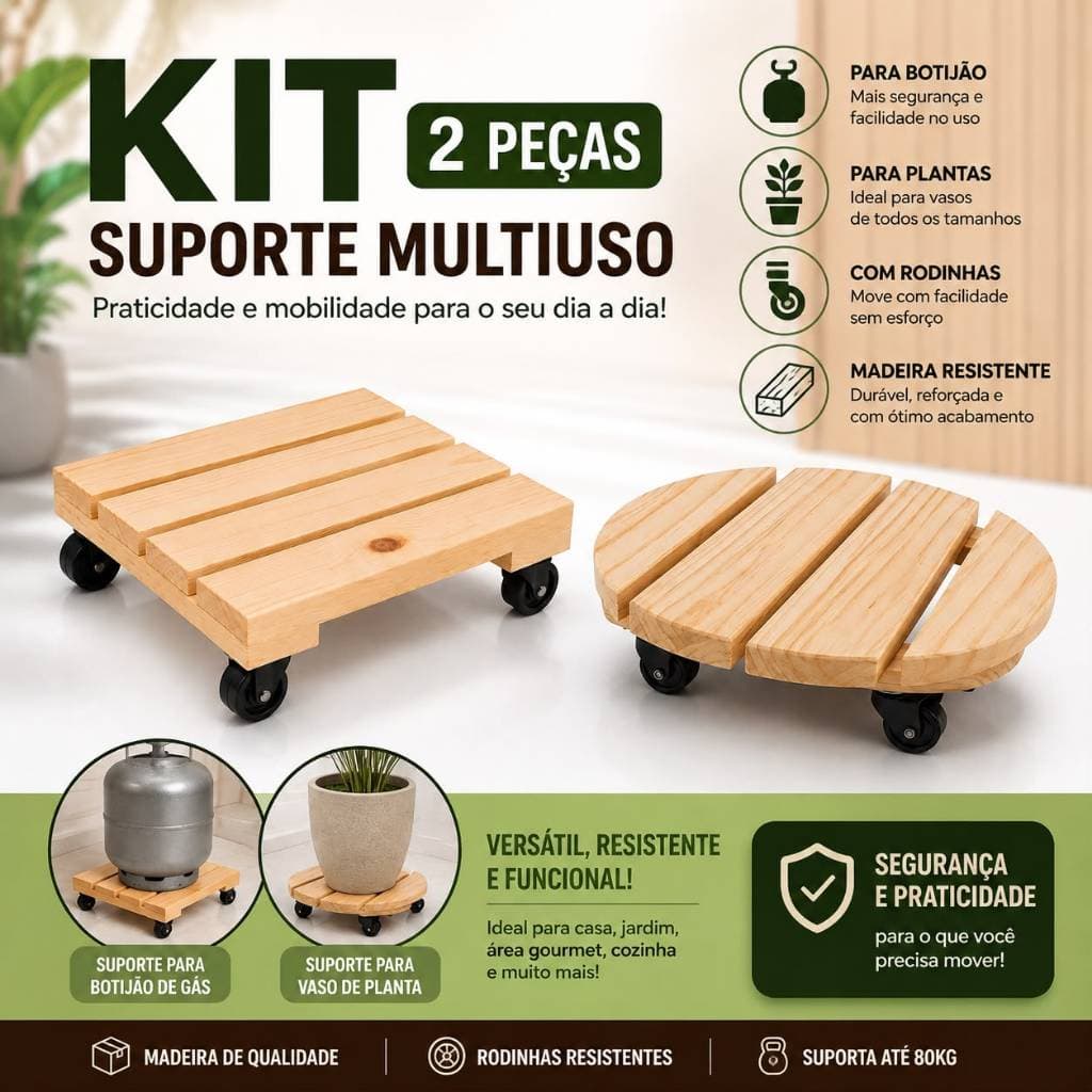 Kit 2 Peças Suportes madeira Tratada Botijão + Vaso de Planta Móvel com Rodinhas