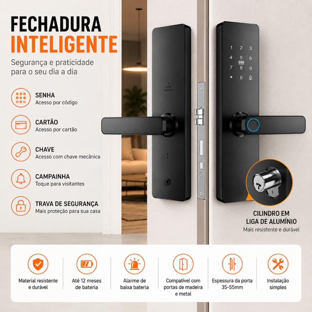 Fechadura Digital Inteligente 4 em 1 com Senha, Cartão, Chave e Tuya APP para Porta Interna, Guia de Voz e Pilhas AAA