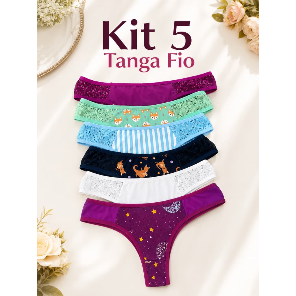 Kit 5 Tanga Fio Lateral Calcinha Fio Estampa Sortida Tanga Pequena Fio Dental Adulto Calcinha Feminina