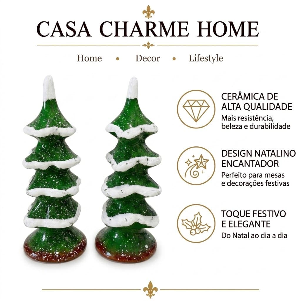 Kit 2 Árvores de Natal Decorativas em Cerâmica Esmaltada Artesanal Pintada à Mão
