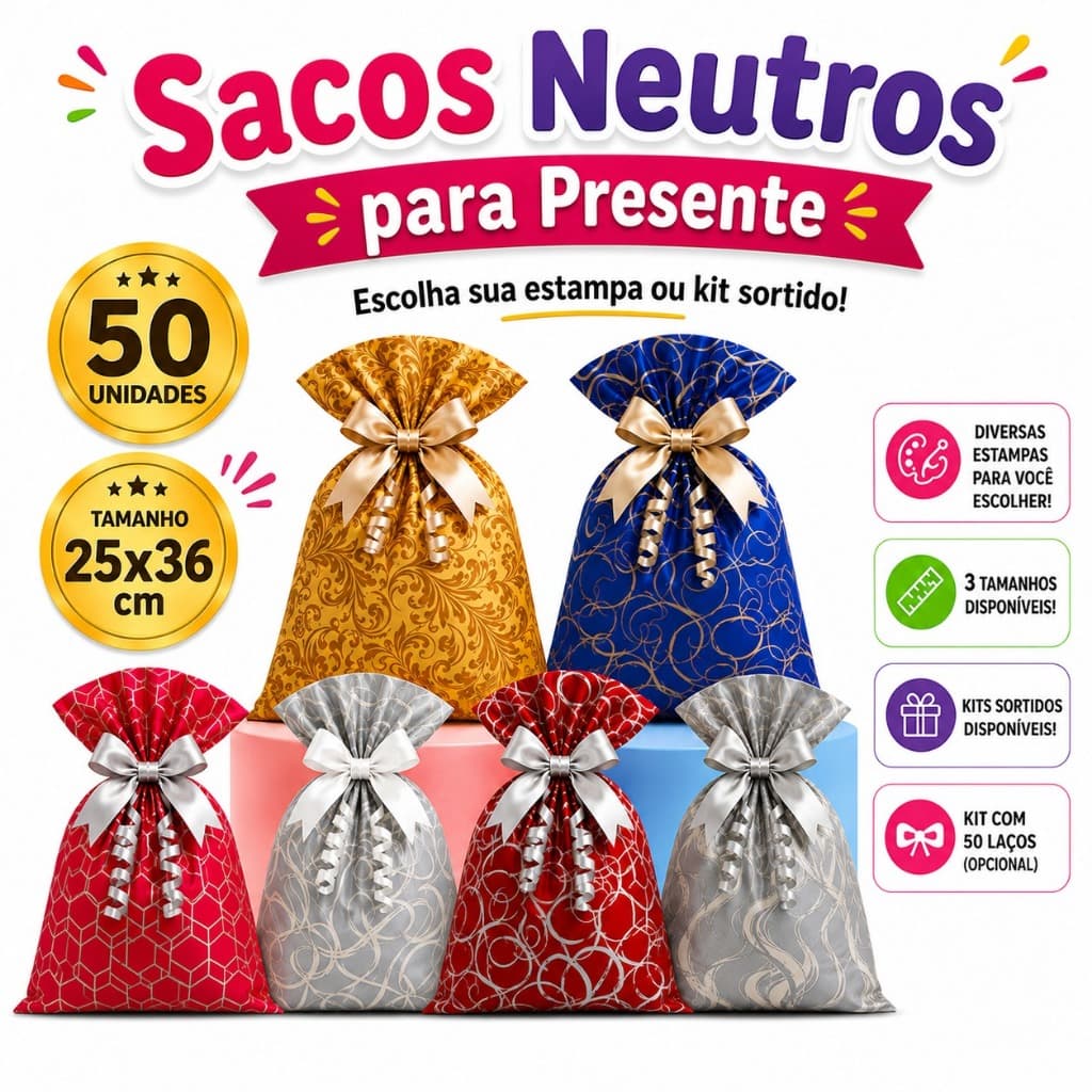 Sacos para Presente Metalizados Neutros 50 Unidades Embalagem para Presente Estampada 25x36cm Aniversário Festa