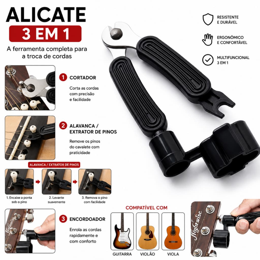 Cortador Enrolador Manivela Alavanca Alicate p/ violão guitarra cavaco viola ukulele troca de cordas fácil