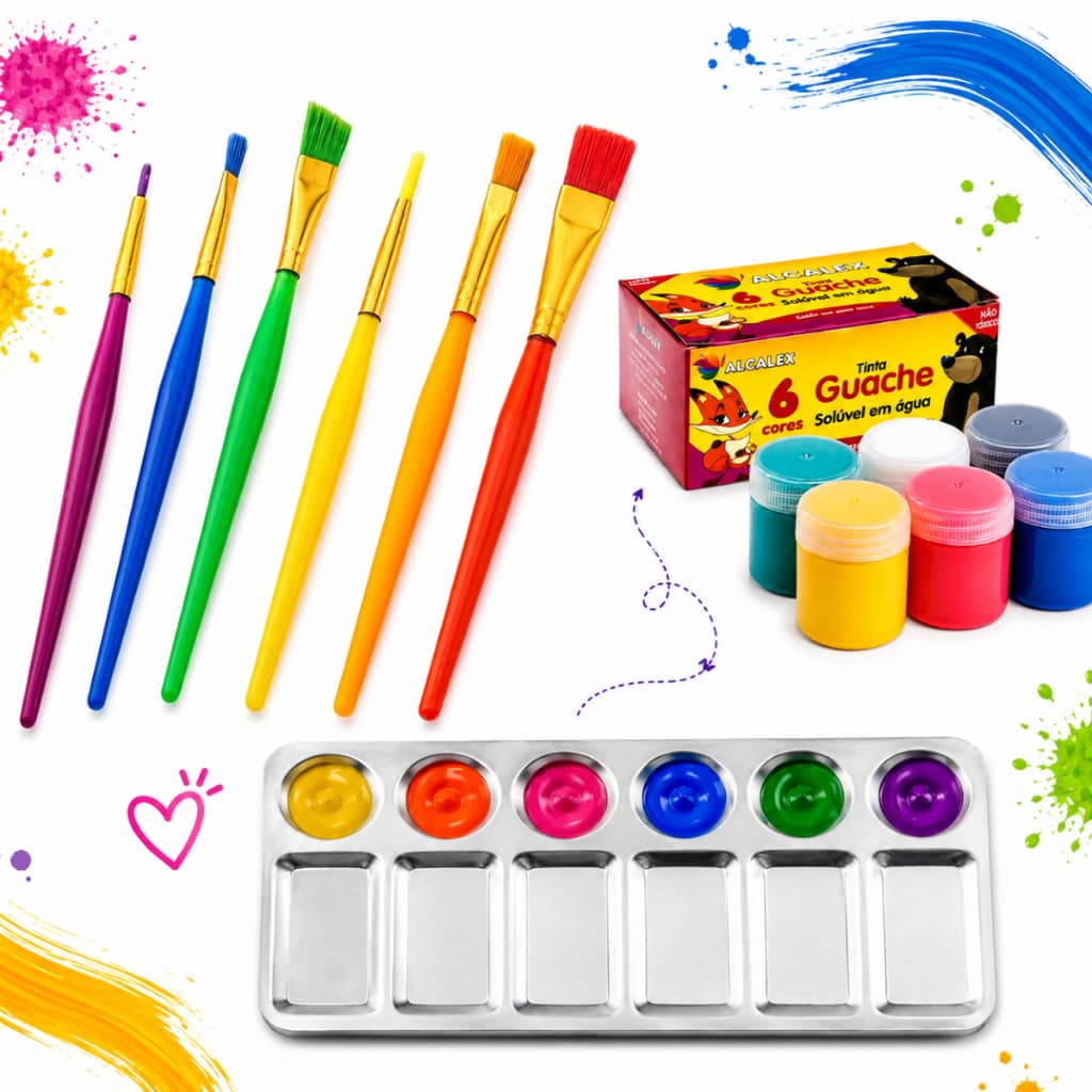 Kit 6 Pincéis Colors 6Tintas Guache 15ml Alcalex Godê Alumínio Retangular
