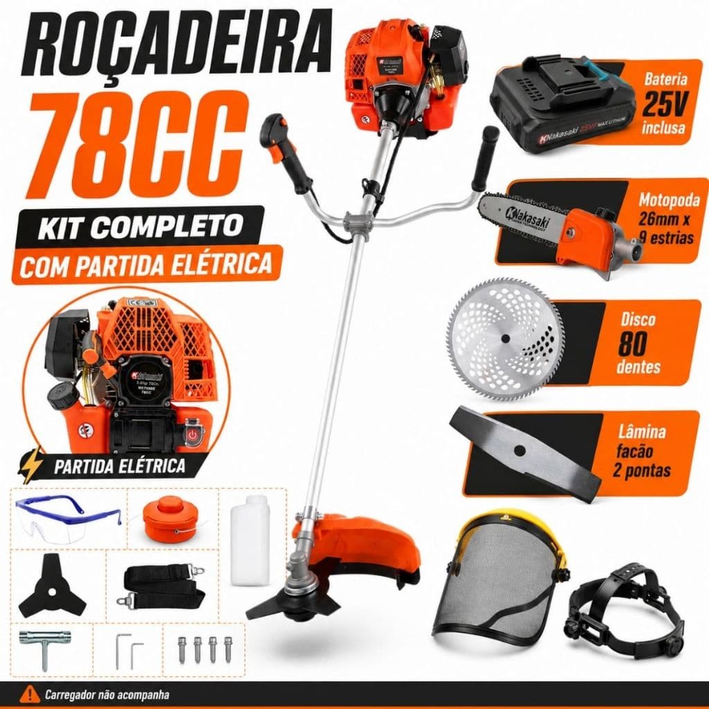 Roçadeira A Gasolina 78CC Partida Elétrica Acompanha Bateria 25V Motopoda 26mm Disco 80 Dentes Lâmina Facão 2 Pontas