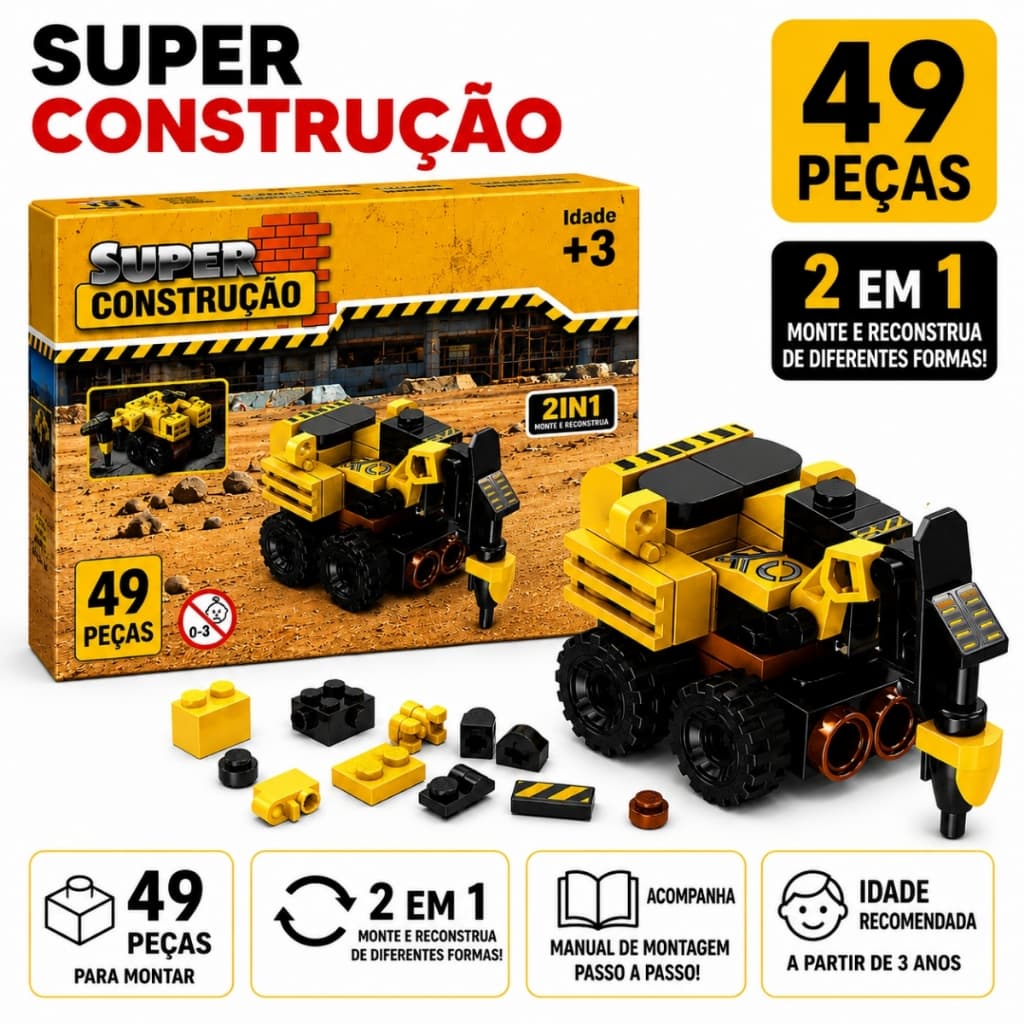Blocos de Montar INBLOX Super Construção 2 em 1 49 Peças Caminhão Brinquedo Educativo Infantil