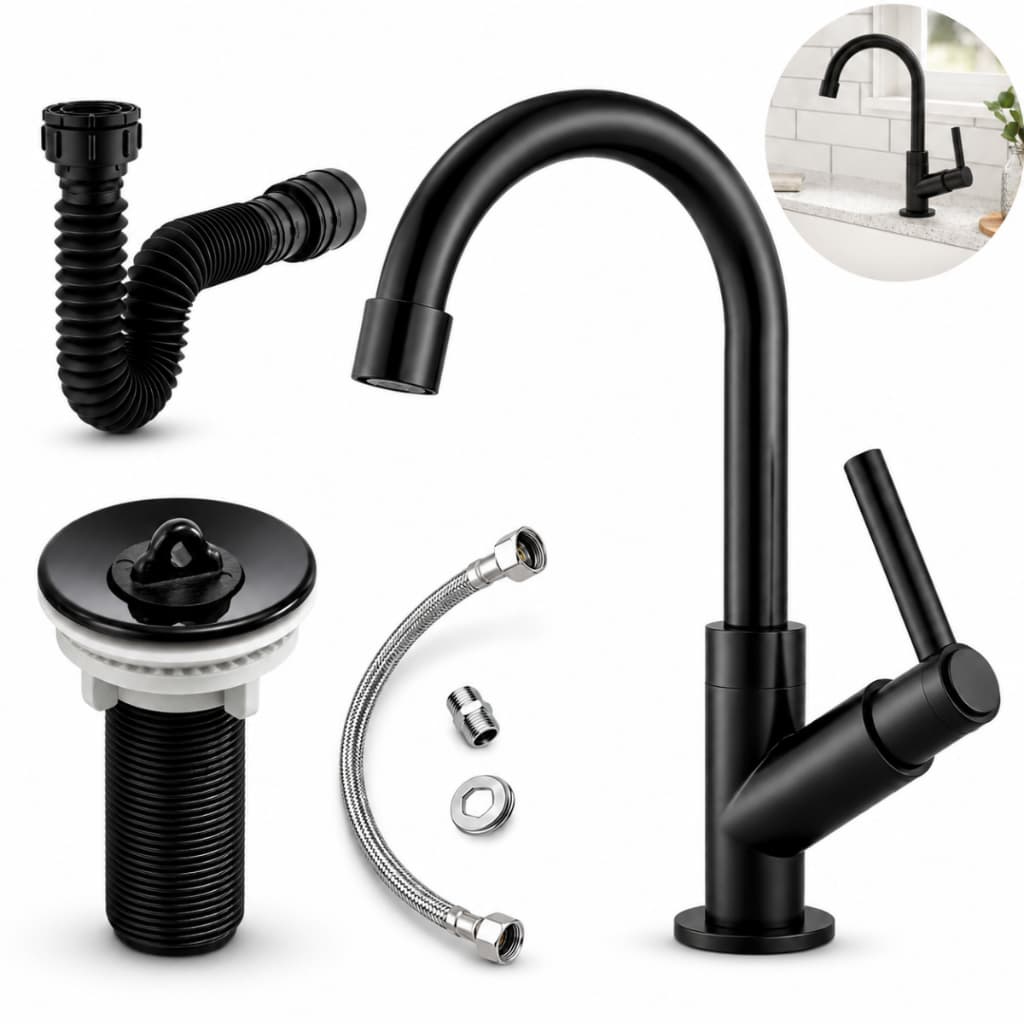 Kit Torneira Banheiro Preta Bica Alta Lavatório Cuba + Válvula 7/8 + Sifão Universal + Engate 40cm