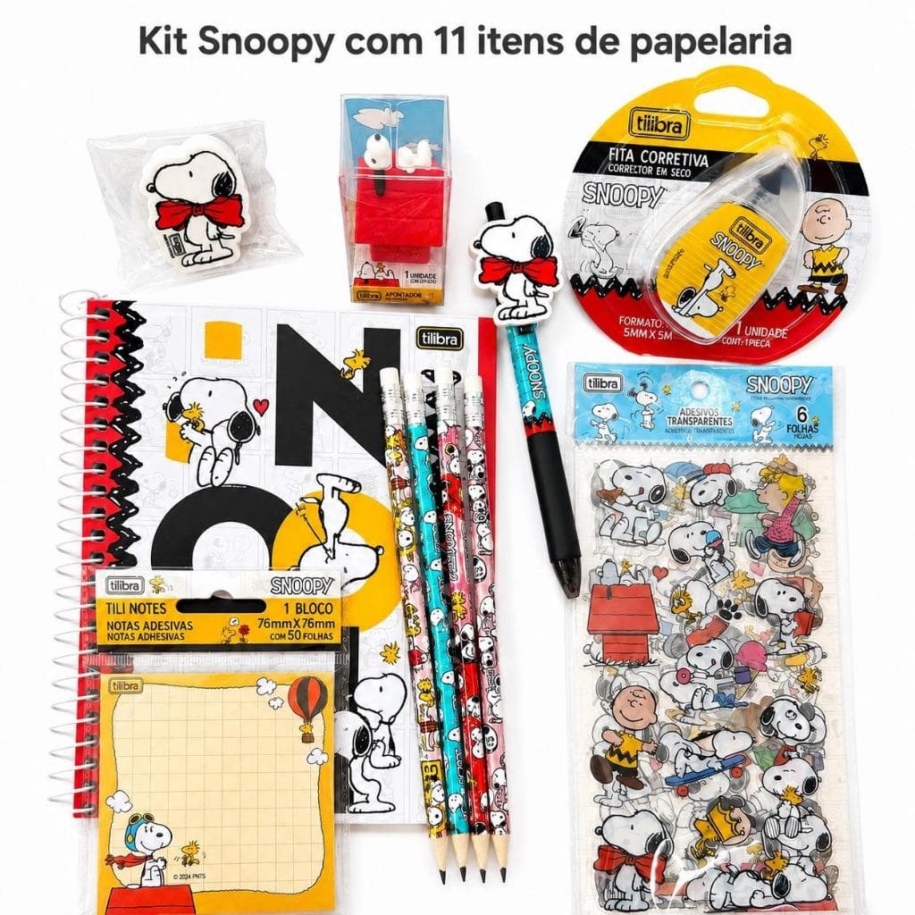 Kit de papelaria presenteável Snoopy - Tilibra - 11 itens - Caderno Caneta Lápis Borracha Corretivo Adesivos