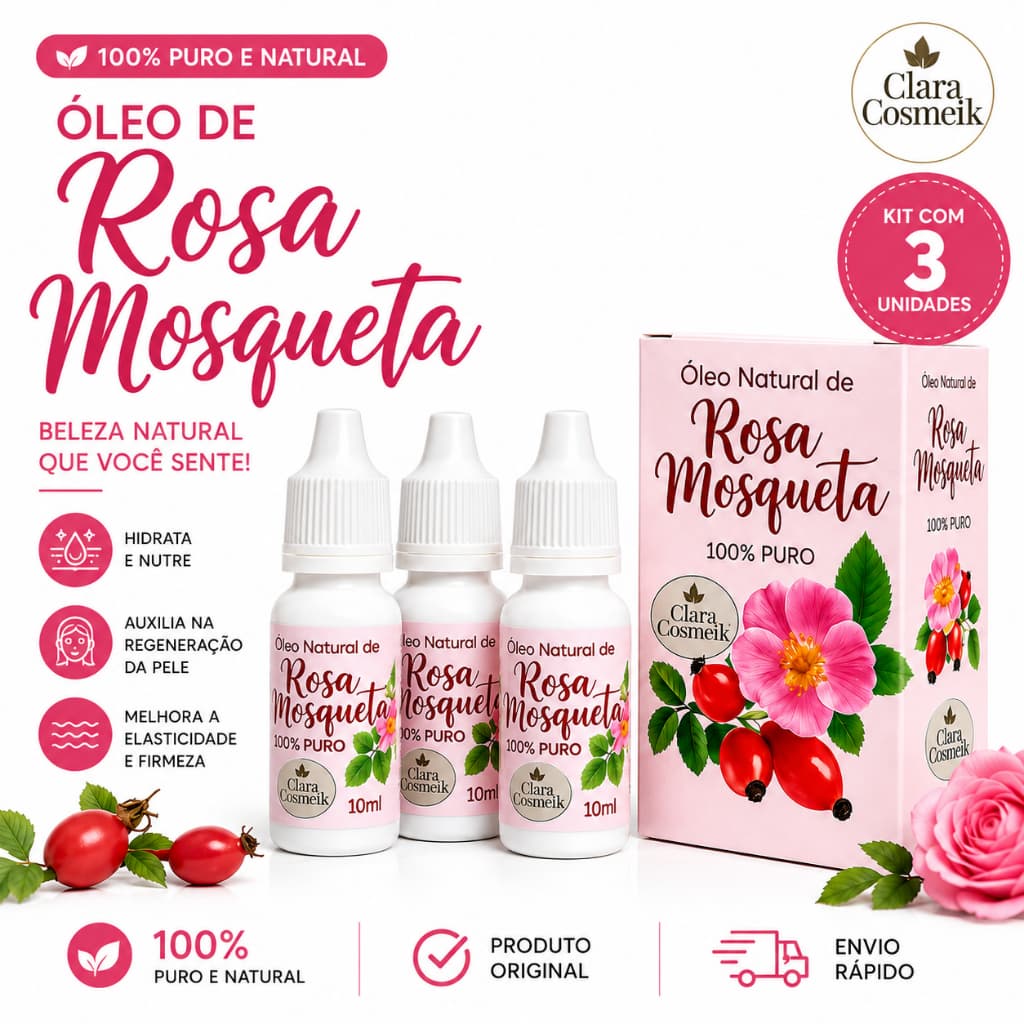 Óleo de Rosa Mosqueta 100% Puro 10ml Clara Cosmetik — Regenerador Facial, Uniformiza o Tom da Pele e Hidratação