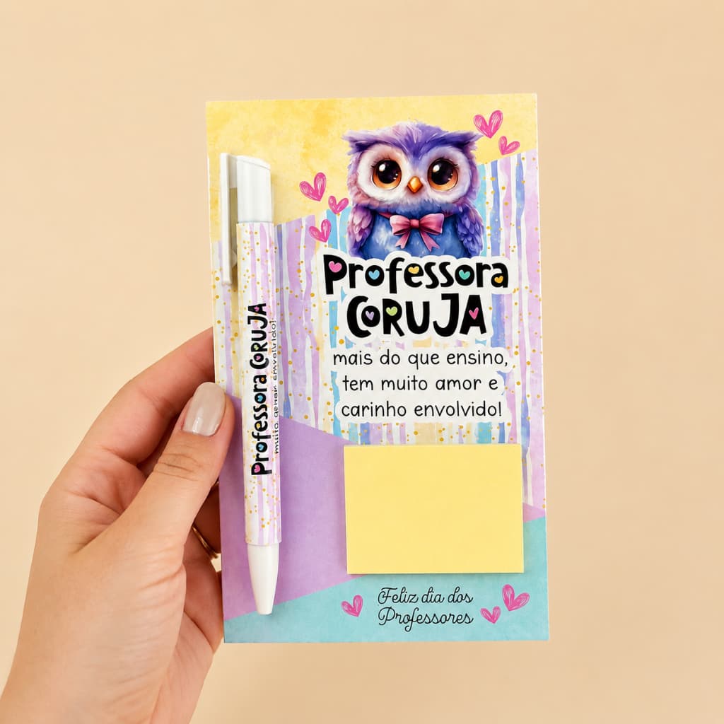 Lembrancinha Dia dos Professores – Kit Professora com Card + Caneta Personalizada e Bloquinho de Anotações.