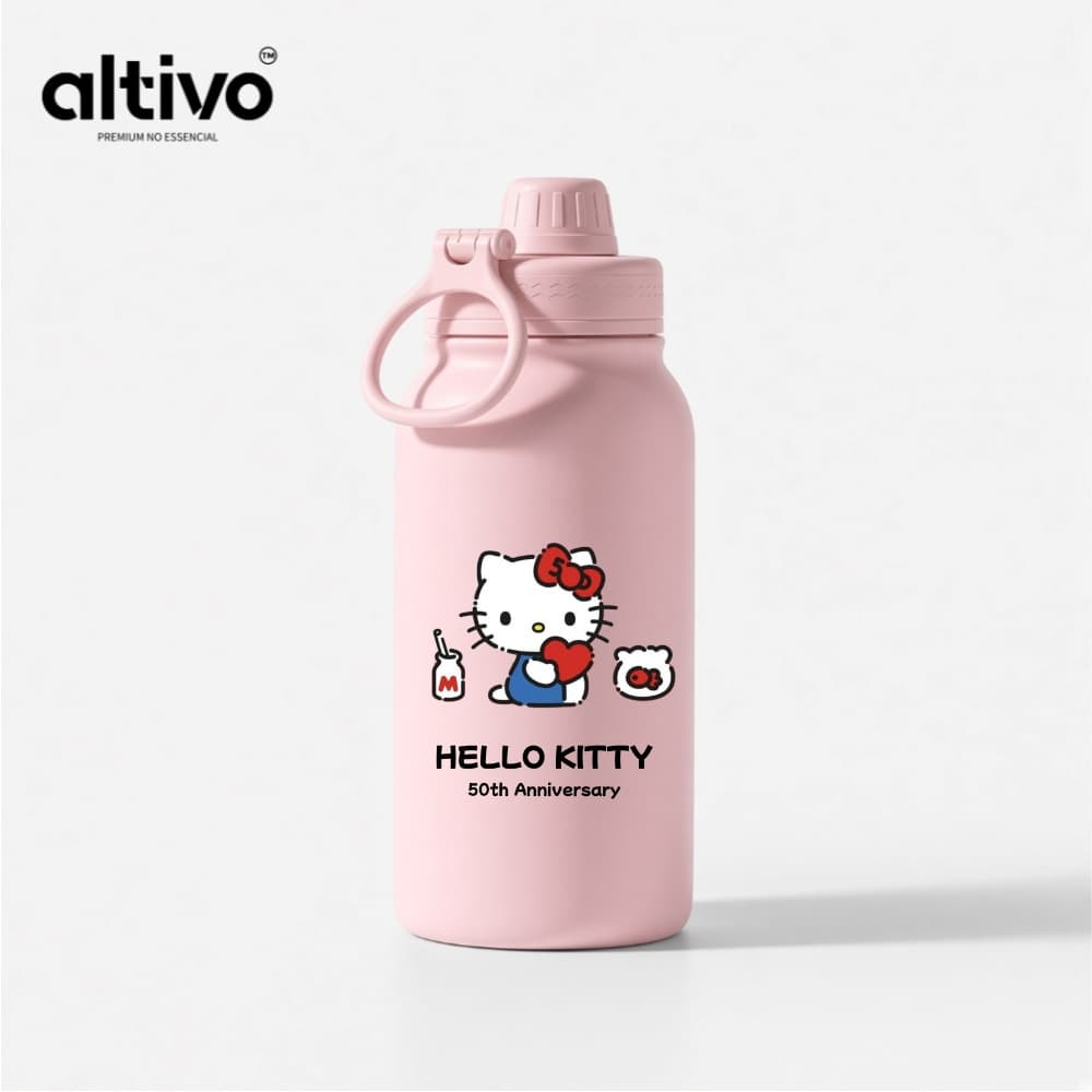 Garrafa Térmica Infantil Hello Kitty Sanrio 350ML com Tampa Rosqueável e Alça em Aço Inoxidável