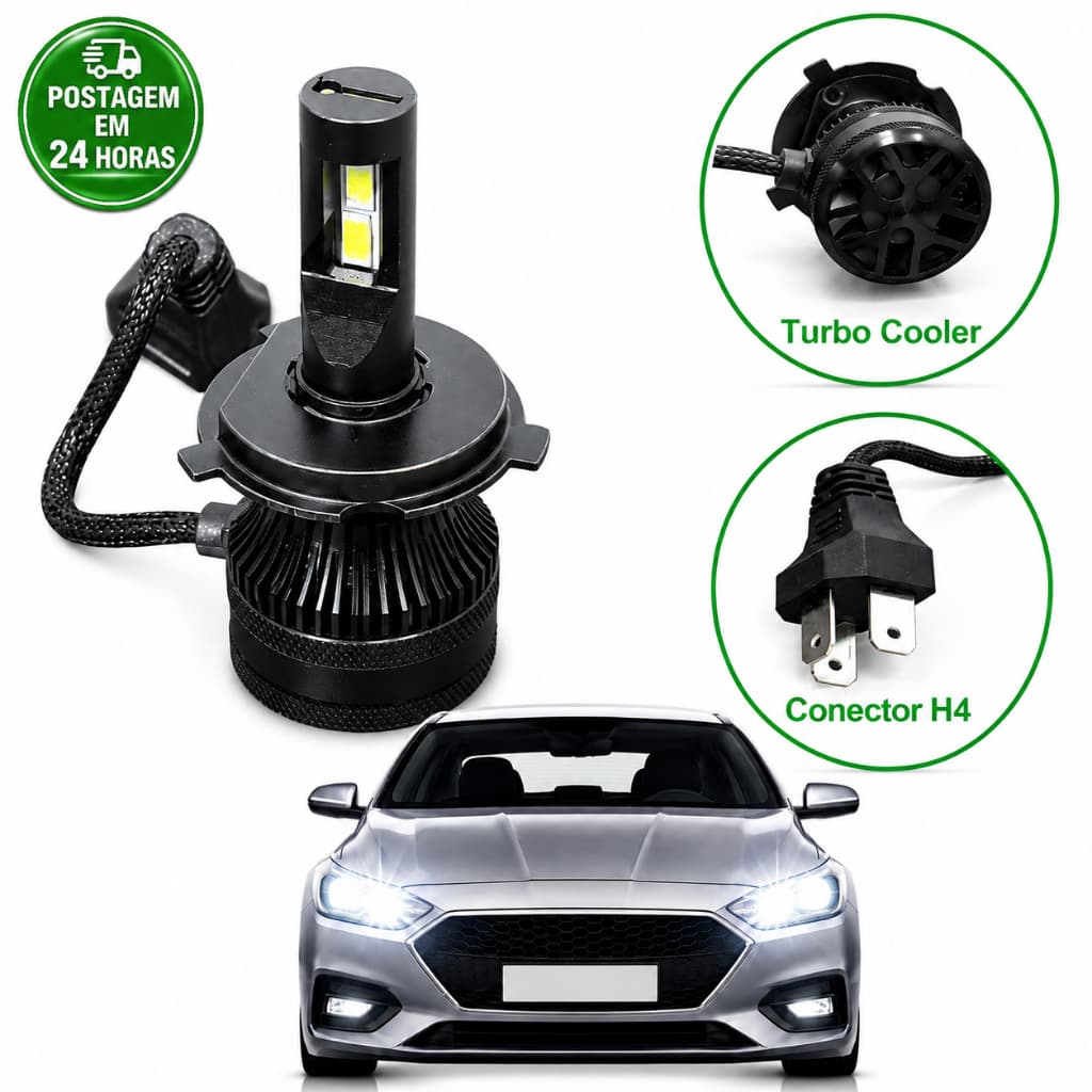 Kit Lâmpada Alto Padrão LED H4 20000LM Premium 6500K Canbus 12V/24V Farol Alto Baixo Automotivo Par