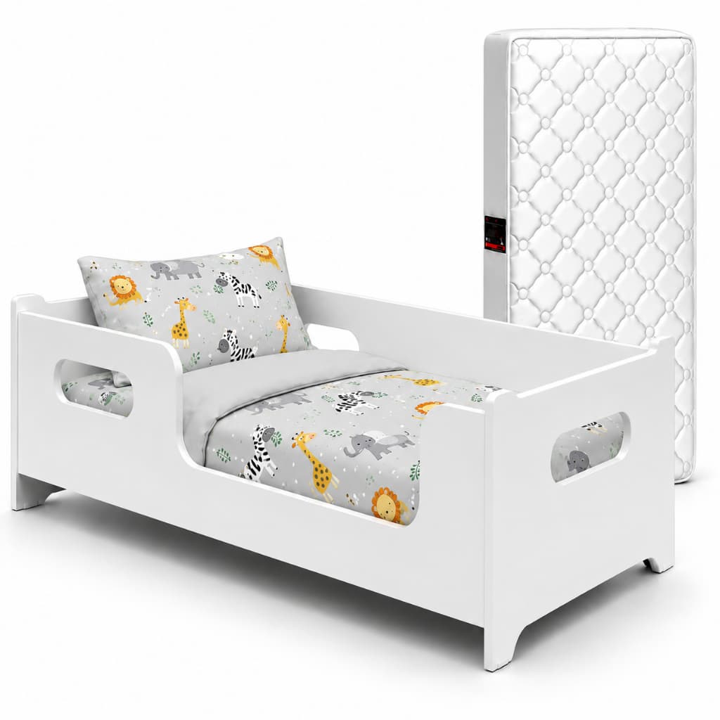 Cama Infantil Encanto Branca Com Colchão Baby Incluso Montessoriana Compacta Em MDF Grade Para Proteção Menino Menina
