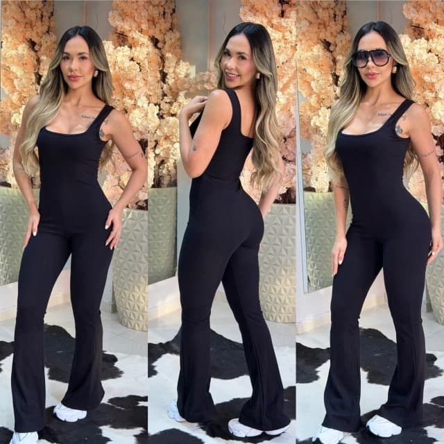 Macacão Feminino Longo Colado Academia  Flare Confortável Macacão Fitness Suplex Modelador Moda Gringa Conforto Preto