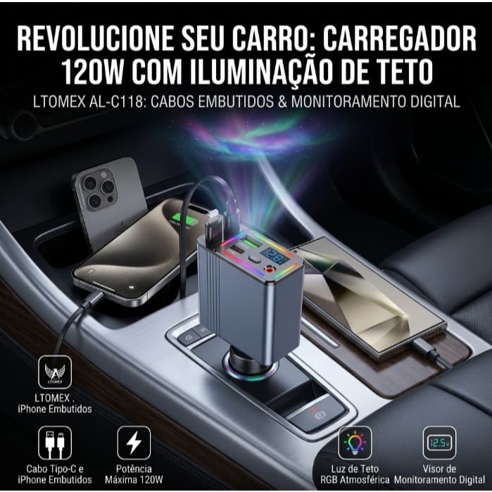 Carregador Veicular AL-C118 120W com Projeção Estrelada Vermelha, Iluminação RGB 180° e USB Tipo-C - Cabo  Tipo-C Iphone