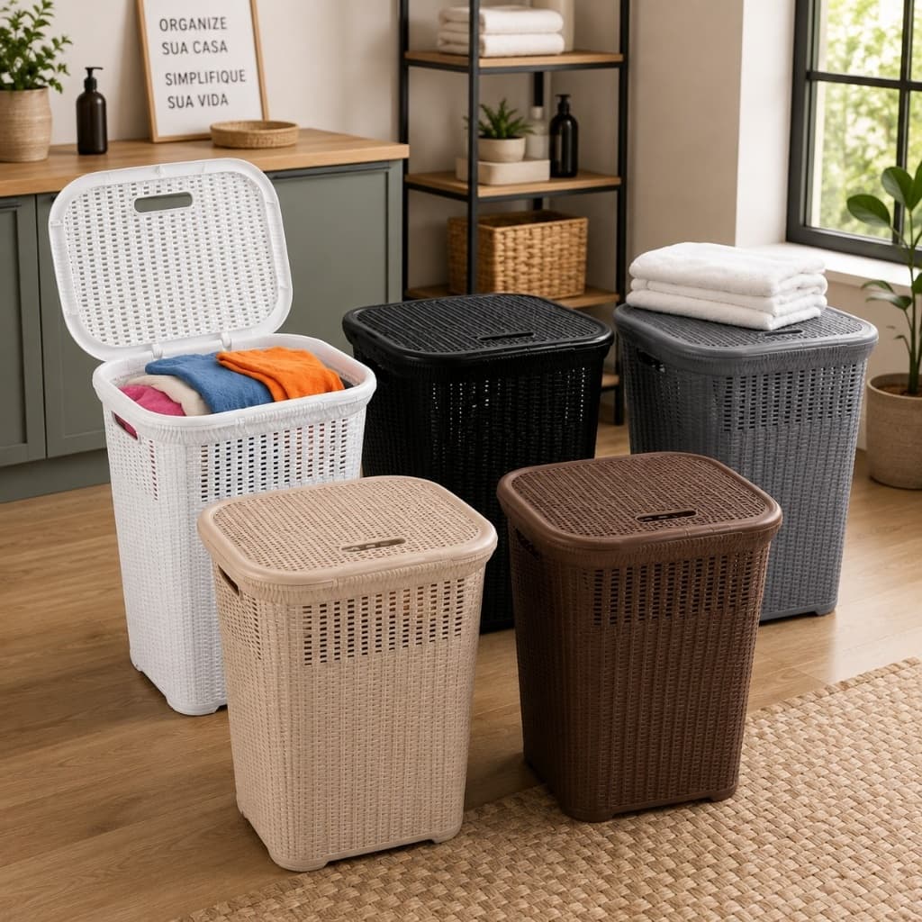Cesto de Roupa Suja 50L Grande com Tampa Rattan Organizador para Lavanderia Banheiro