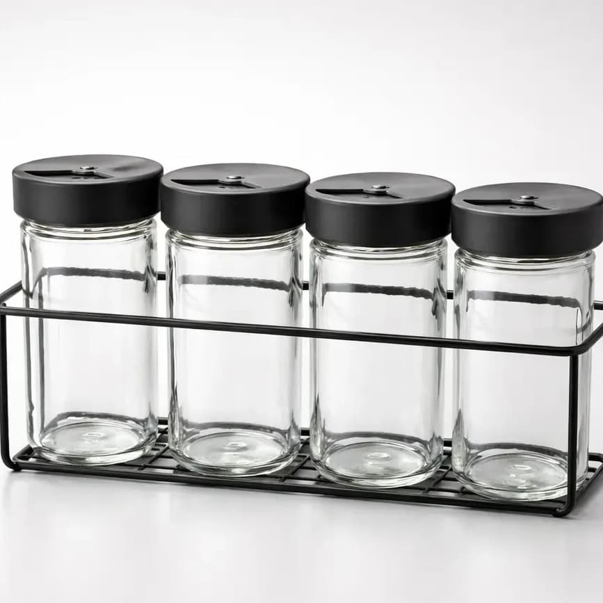 Porta Temperos com 4 Potes de Vidro e Suporte de Metal -horizonta