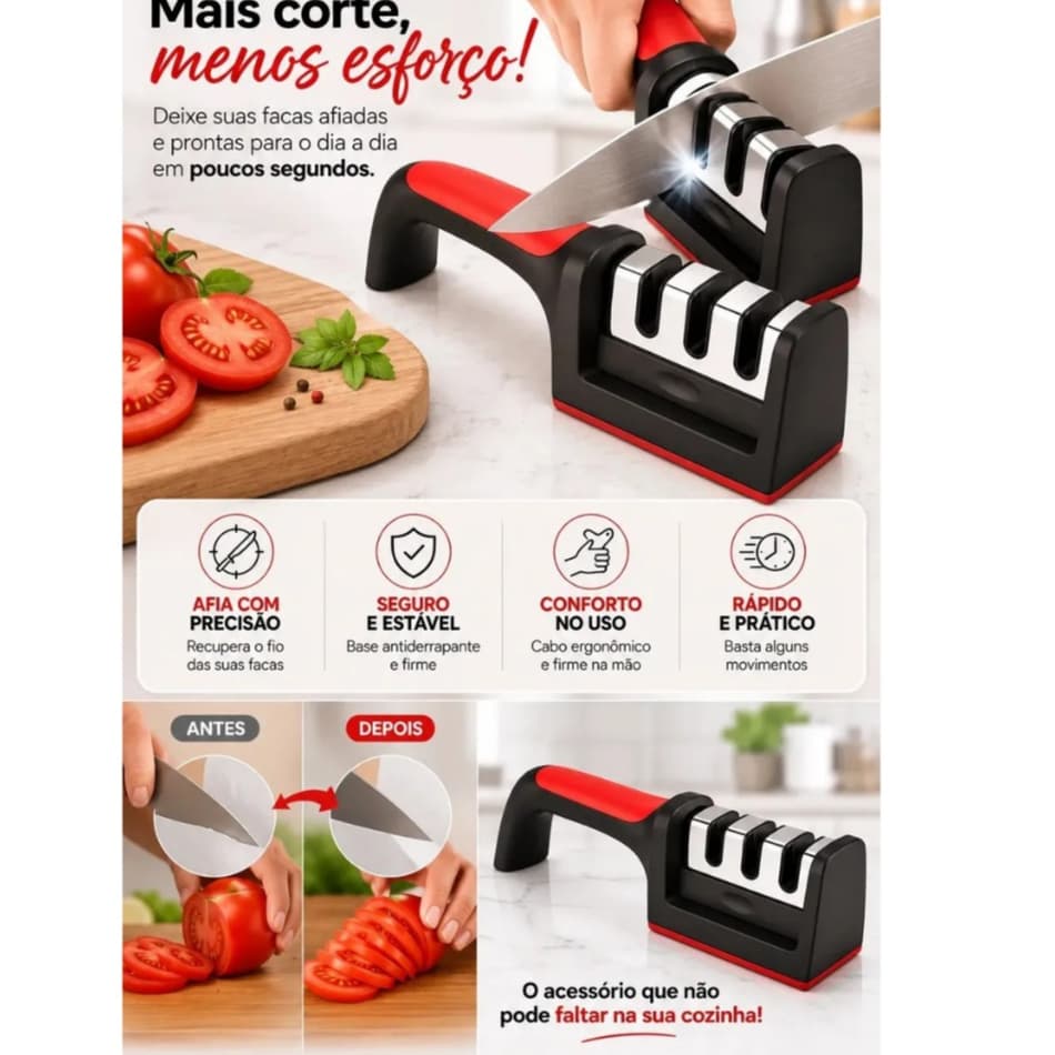 Afiador De Faca- Homelandpreto - Vermelho Manual 3 Estágios.