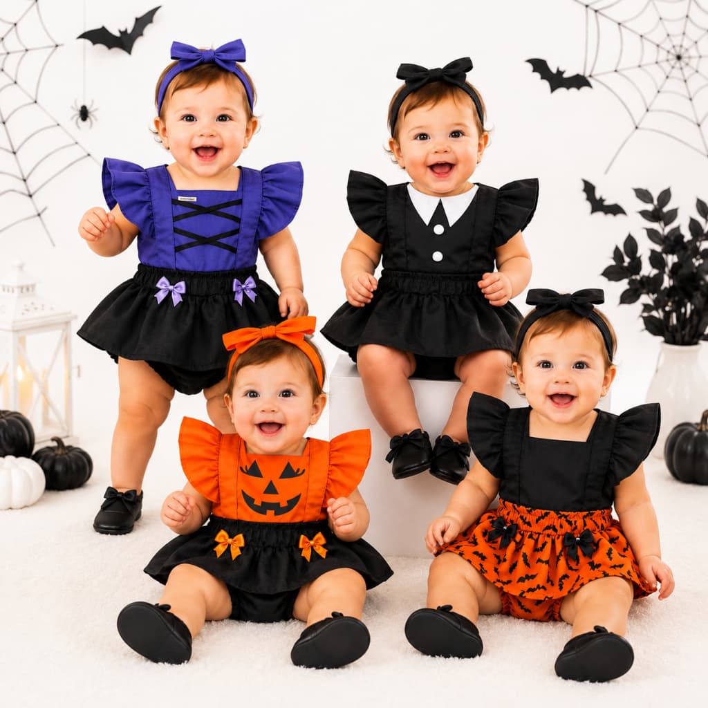Jardineira Romper Body Haloween Wandinha Bebe Mesversario Menina Fantasia 3 a 12 meses RN Festa Aniversario Vandinha