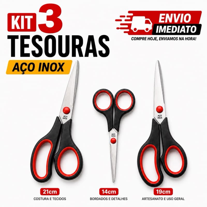 kit com 3 Tesouras  Aço Inox Costura Corte Profissional Multiuso Artesanal e Domestico 5” 7” 7,5”