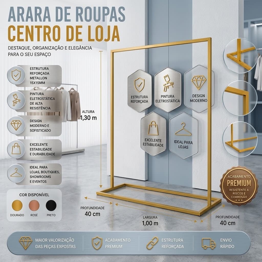 Arara Ilha Centro de Loja para Roupas Desmontável Expositor Comercial Moderno Dourado