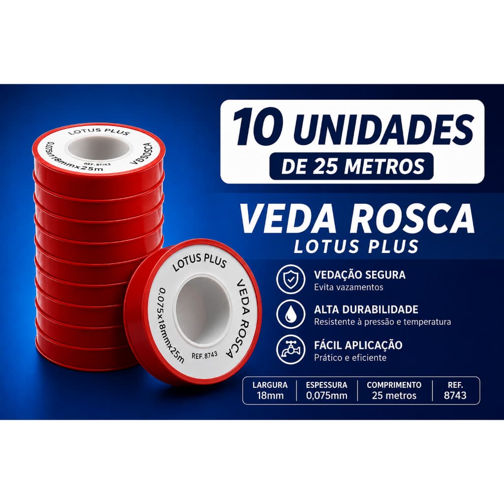 10 Unidades De Fita Veda Rosca  18mm x 25 Metros | 8743 Lotus