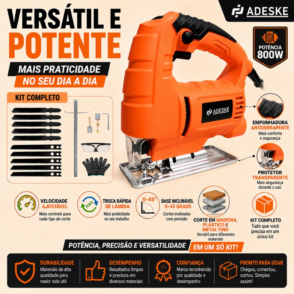 Serra Tico‑Tico Elétrica 800W 6 Velocidades, Corte 0‑45°, Troca Rápida Lâmina, Escolha Voltagem 110V ou 220V Kit Complet