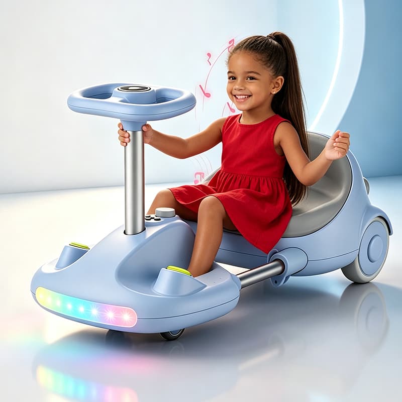 360° Roller Cart Elétrico Ginga Car Infantil, Luz LED, Música, Rodas Iluminadas Silenciosas, Suporta 70kg, Longa Autonom