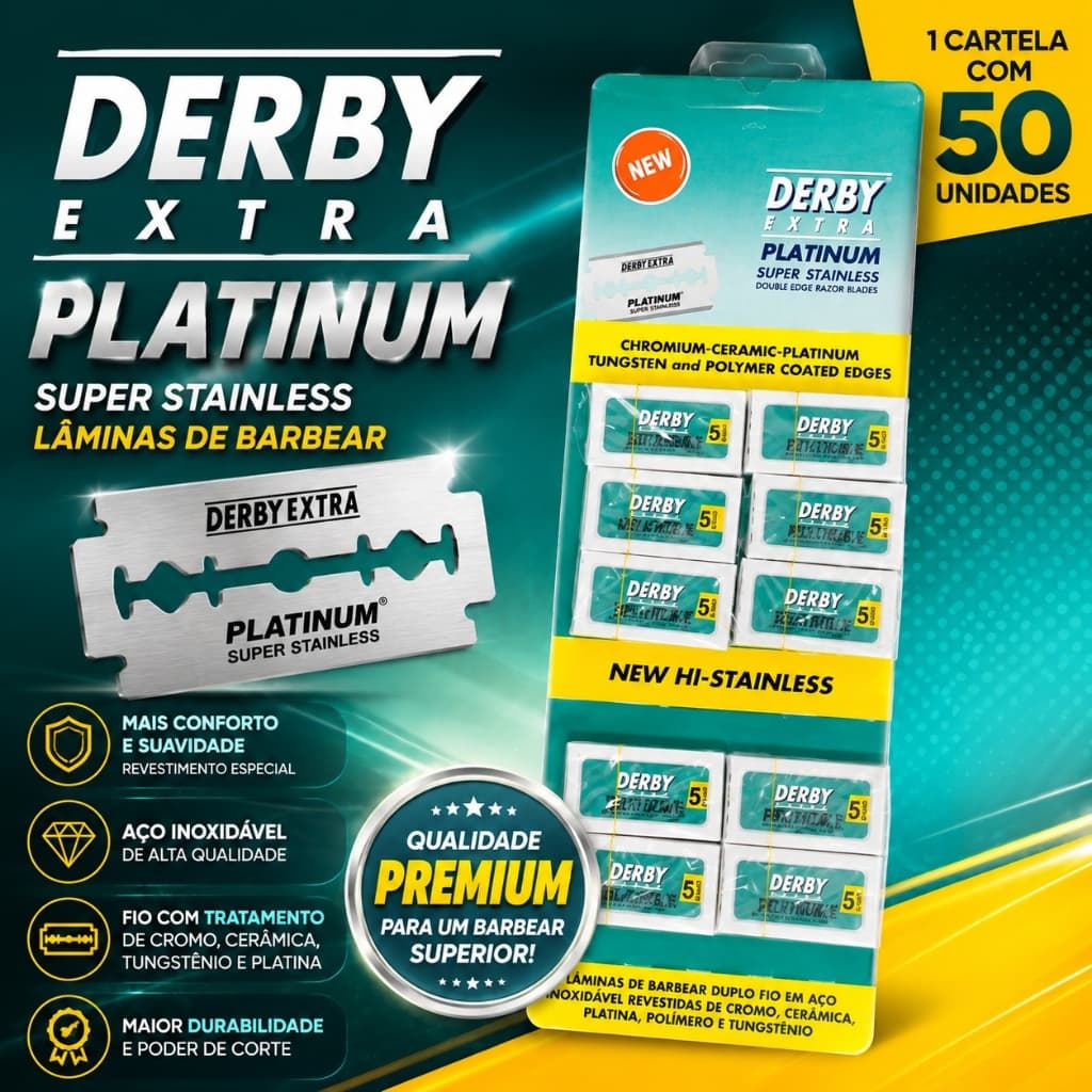 Lâmina de Barbear Derby Extra Platinum Cartela com 50 Unidades Super Stainless Aço Inoxidável Envio Imediato