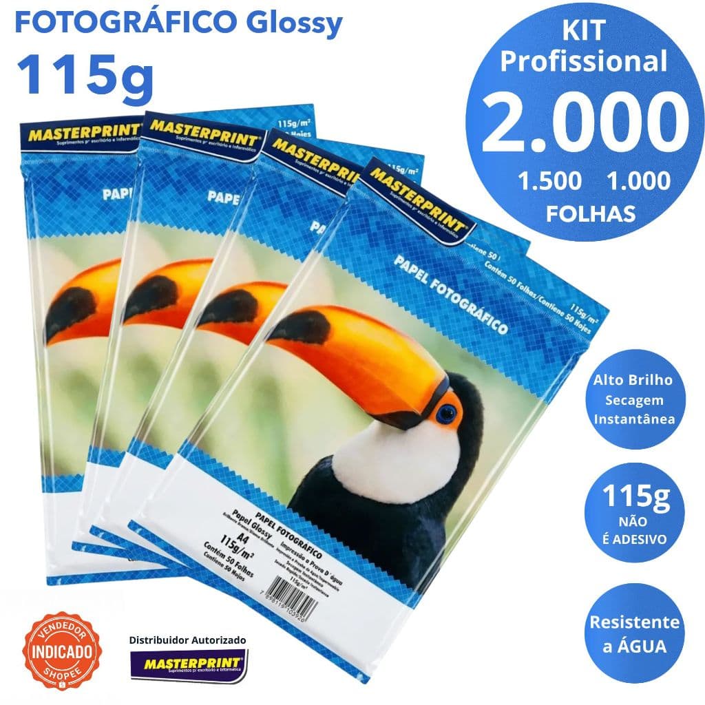 Kit Papel Fotográfico Glossy A4 115g Masterprint Profissional Alto Brilho Resistente a Agua