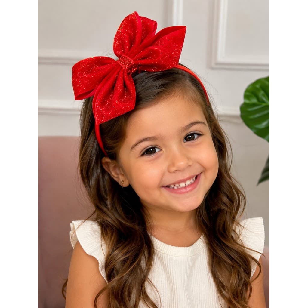 Tiara infantil, Tiara festa Natal, Laço veludo com brilho,tiara vermelha com brilho, acessório infantil.