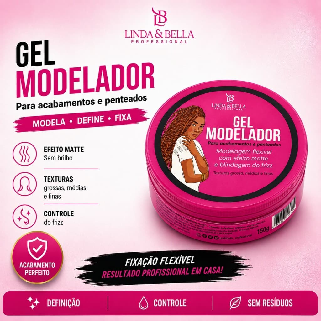 Gel Modelador Anti-Frizz Tranças Cachos E Baby Hair Mega Fixação Não Resseca 150g - Linda & Bella