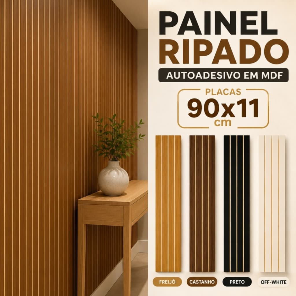 KIT ATÉ 50 PLACAS Painel Ripado Autoadesivo em MDF 90x11cm Parede Decorativa