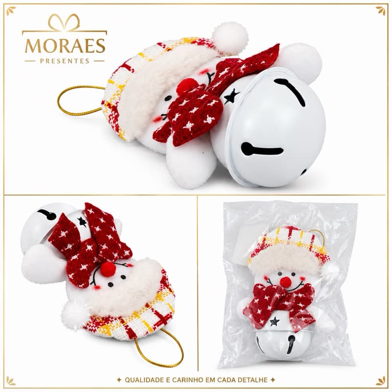 Boneco de neve natalino com sino branco, 11 cm e laço para pendurar. Ideal para decorar sua árvore de Natal.