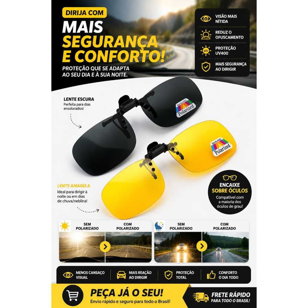 Óculos Clip On Retangular Amarelo Visão Noturna