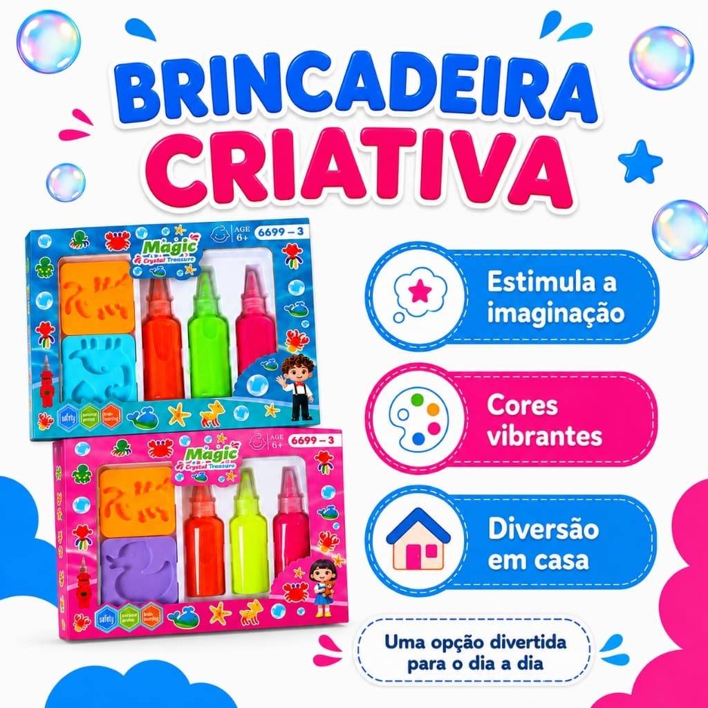 Kit Slime Gel Mágico Infantil Fábrica de Bichinhos com Moldes e Acessórios Slime Rosa ou Azul
