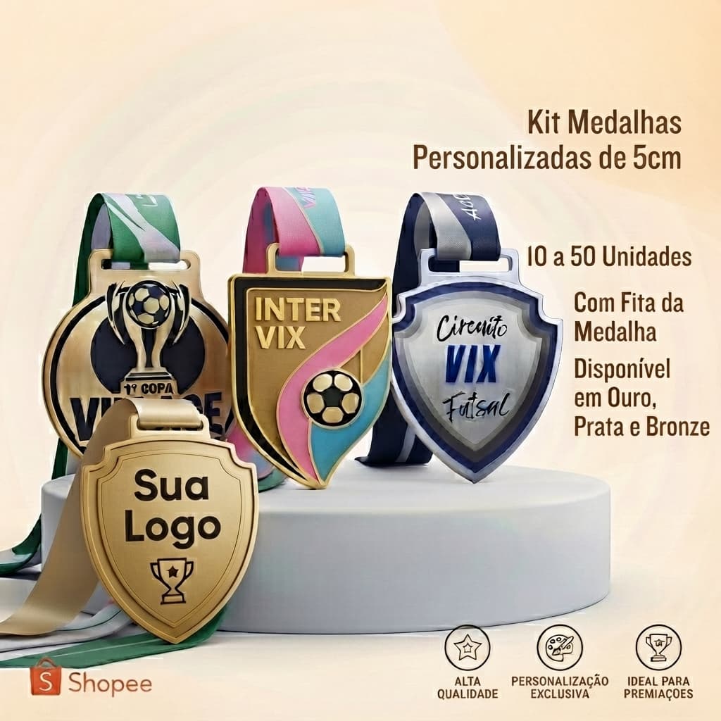Kit Medalhas Personalizadas 5cm | 25 a 100 Unidades | Com Fita | Sua Logo / Arte | Para Campeonatos, Torneios e Escolas