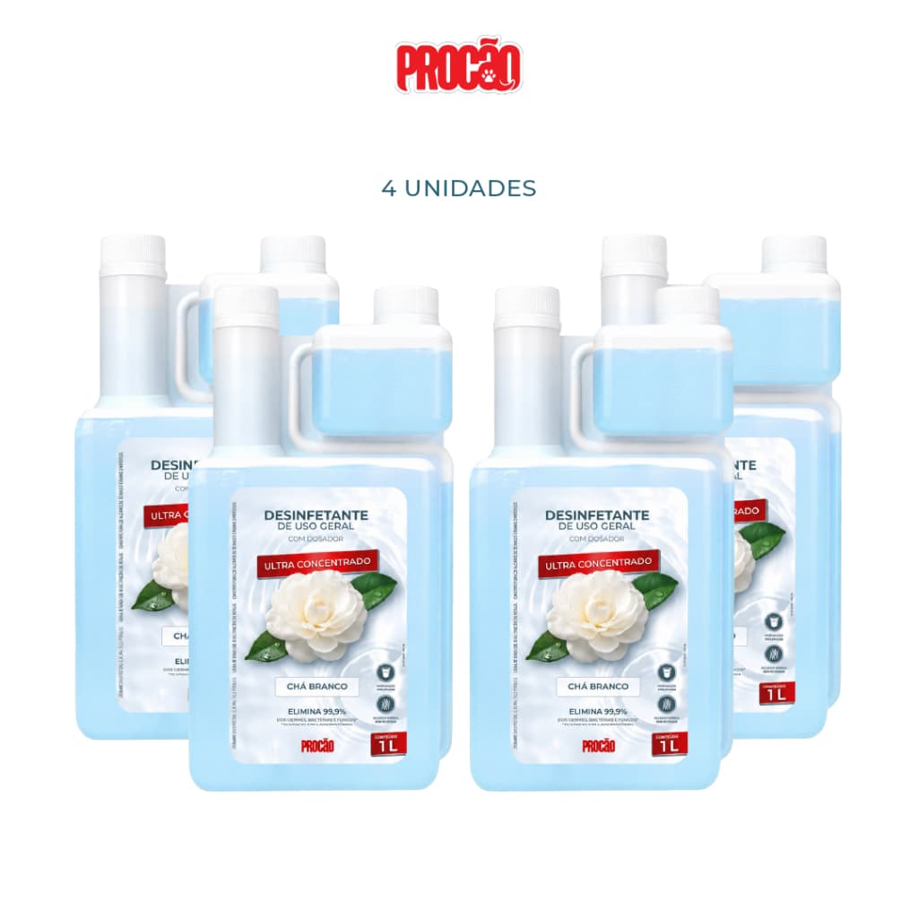 KIT 4 Desinfetante Ultra Concentrado Chá Branco - Procão - Com Dosador - 1L