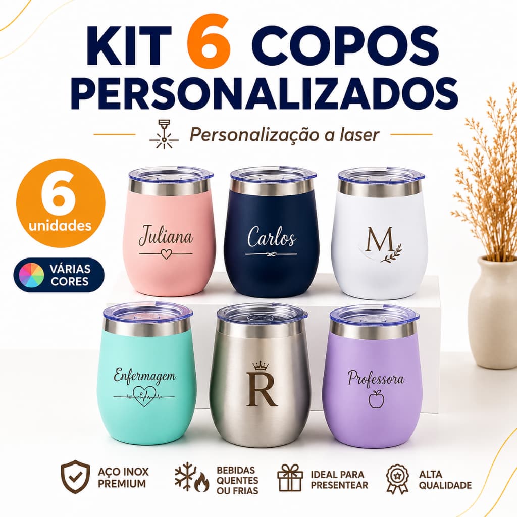Kit 6 Copos Térmicos Cuia Inox Personalizados Laser Brindes Empresa Eventos Presente